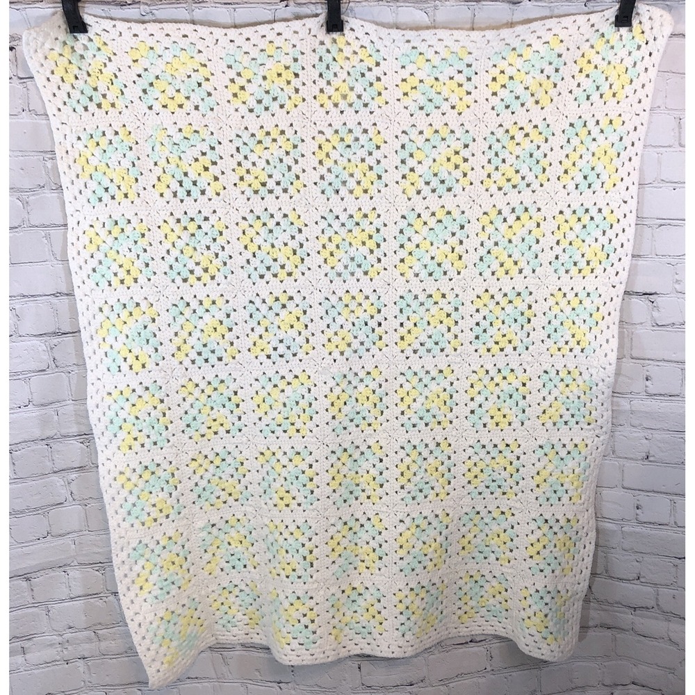 Handmade Crochet Baby Blanket Afghan Yellow Mint Quilt 38"x 33" Throw